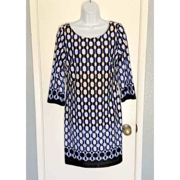 AB Studio Dresses & Skirts - AB Studio Blue & Black Round Neck Geometric Print Shift Dress SZ Medium